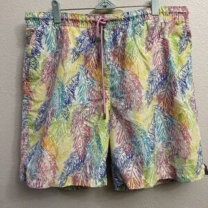 Peter Millar Men's Swim Trunks All Over Neon Palm Leaves Size Large Mesh FLAW